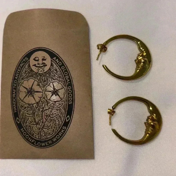 MOONFLOWER Jewelry - Pure Brass Moon Earrings Handmade by MOONFLOWER Works